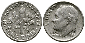 США 10 ЦЕНТОВ = 1 ДАЙМ 1985 P, РУЗВЕЛЬТ KM 195а медь плакированная медно-никелем 57-1222