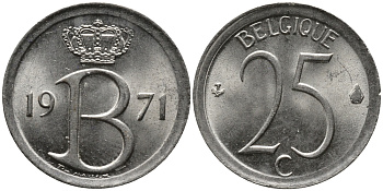 Бельгия 25 сантимов 1971 Belgique, Бодуэн I (1951-1993) KM 153.1 медно-никель 99-422