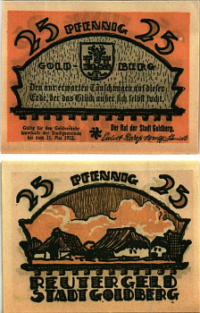 ГОЛЬДБЕРГ 25 ПФЕННИГОВ 1922 НОТГЕЛЬД, ИЮНЬ 1922 - 31 МАЯ 1922, ЗЕМЛЯ МЕКЛЕНБУРГ ПЕРЕДНЯЯ ПОМЕРАНИЯ Grabowski 452.1 бумага 7547-97-1-1