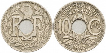 Франция 10 сантимов 1918 тип Линдайё KM 866a, Le Franc 138.3 медно-никель 4402-736