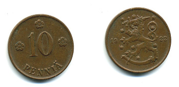 Финляндия 10 пенни 1922 республика (1918-1962) KM 24 медь 46-358