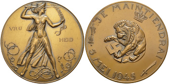 Нидерланды медаль ND 5 мая 1945, победа над фашизмом, девиз Нидерландов (Je Maintiendrai) я выстою, голландский лев разрывает свастику, диаметр 60 мм.  латунь    1089-4-21