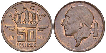 Бельгия 50 сантимов 1973 Belgie, Бодуэн I (1951-1993) KM 149.1 бронза 214-216