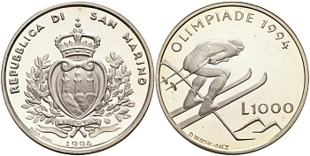 Сан-Марино 1000 лир 1994 XVII зимние Олимпийские игры в Лиллехаммере, слалом KM 316 серебро PROOF 1096-3-64