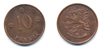 Финляндия 10 пенни 1934 республика (1918-1962) KM 24 медь 51-5424