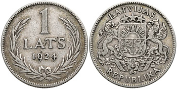 Латвия 1 лат 1924 Первая республика (1918-1939) KM 7 серебро 27-1222