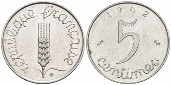 ФРАНЦИЯ 5 САНТИМОВ 1962 ПЯТАЯ РЕСПУБЛИКА KM 927, LE FRANC 124.4 хромированная сталь 105-422