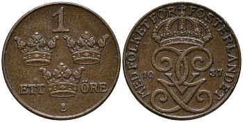 Швеция 1 эре 1937 Густав V (1907-1950) KM 777.2 бронза 201-1135