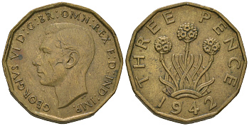 Великобритания 3 пенса 1942 Георг VI (1936-1952) KM 849, Spink 4112 никель латунь 4635-825