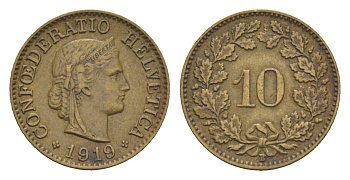 Швейцария 10 раппенов 1919 B KM 27a латунь 1518-832
