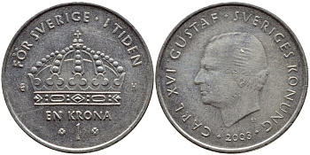 Швеция 1 крона 2003 Карл XVI Густав (1973- ) KM 894 медно-никель 4179-735