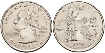 США 25 центов = квотер 2000 Р, серия штаты США, Массачусетс KM 305 медь плакированная медно-никелем UNC 92-751