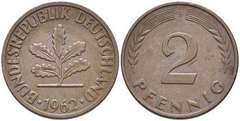 ФРГ 2 ПФЕННИГА 1962 F KM 106, J. 381 бронза 116-317