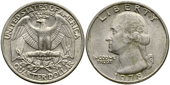 США 25 центов (квотер) 1978 Вашингтон KM А164а медь плакированная медно-никелем 4388-315