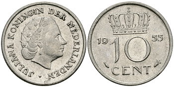 Нидерланды 10 центов 1955 Юлиана (1949-1980) KM 182 никель 96-362
