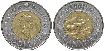 Канада 2 доллара 2000 миллениум, полярные медведи KM 399 биметалл 4605-557