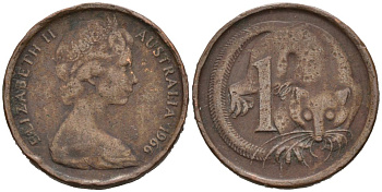 Австралия 1 цент 1966 ОПОССУМ, Елизавета II KM 62 бронза 4564-551