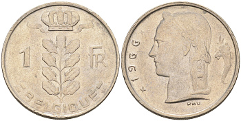 Бельгия 1 франк 1966 BELGIQUE KM 142.1 медно-никель 4592-521