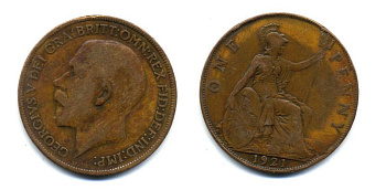Великобритания 1 пенни 1921 Георг V (1910-1936) KM 810, Spink 4051 бронза 47-611