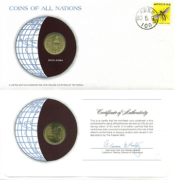 Южная Корея 10 вон 1979 конверт с маркой первого дня гашения, Coins of Nations KM 6а латунь UNC 4294-66-3