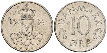ДАНИЯ 10 ЭРЕ 1974 S; B, МАРГРЕТЕ II (1972-) KM 860.1 медно-никель 4564-1231