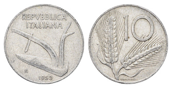 Италия 10 лир 1953 R, плуг, колосья KM 93 алюминий 4704-524