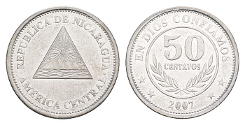 Никарагуа 50 сентаво 2007 KM 88b сталь плакированная никелем UNC 4640-1046