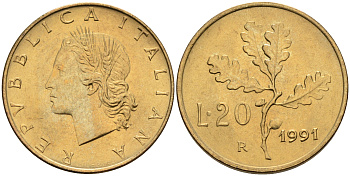 Италия 20 лир 1991 R, дубовый лист KM 97.2 алюминиевая бронза  UNC  4594-837