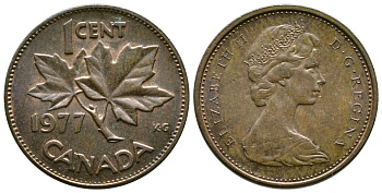 Канада 1 цент 1977 Елизавета II (1952-2022), кленовый лист KM 59.1 бронза 46-1916