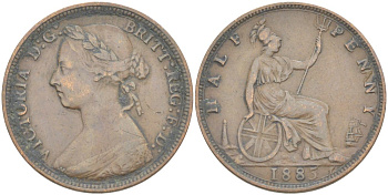 Великобритания 1/2 пенни 1885 Виктория (1837-1901) KM 754, Spink 3956 бронза 4543-1215