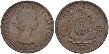 Великобритания 1/2 пенни 1957 Елизавета II (1952-2022) KM 896, Spink 4158 бронза 4146-254