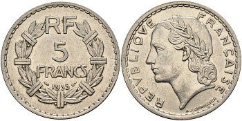 Франция 5 франков 1935 KM 888 никель 4144-415