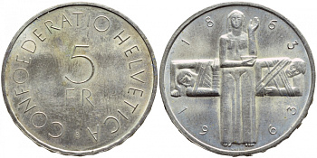 Швейцария 5 франков 1963 В, 100 лет Швейцарскому Красному Кресту KM 51 серебро 1520-1541