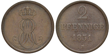 Ганновер 2 пфеннига 1851 B, Эрнст Август (1837-1851) KM 202.1, AKS 124, J. 75 медь 72-344