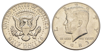 США 1/2 доллара (50 центов) 1983 D, Джон Кеннеди KM A202b медь плакированная медно-никелем aUNC 180-835