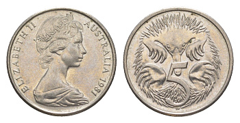 Австралия 5 центов 1981 Елизавета II (1952-2022) молодой портрет, ехидна KM 64 медно-никель UNC 4152-529