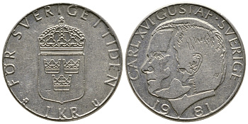 Швеция 1 крона 1981 Карл XVI Густав (1973- ) KM 852 медь плакированная медно-никелем 91-242