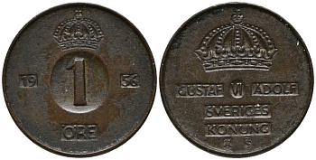 Швеция 1 эре 1956 TS, Густав VI Адольф (1950-1973) KM 820 бронза 201-1144