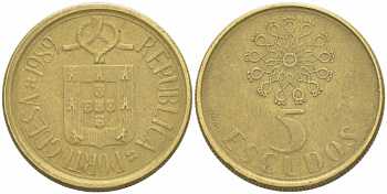 ПОРТУГАЛИЯ 5 ЭСКУДО 1989 KM 632 никель латунь 77-746