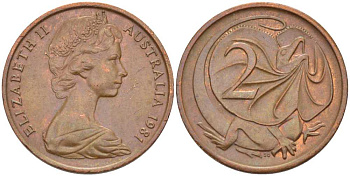 Австралия 2 цента 1981 Елизавета II (1952-2022), молодой портрет, плащеносная ящерица KM 63 бронза 4385-324