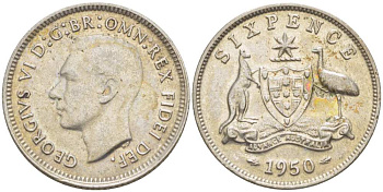 Австралия 6 пенсов 1950 m, Георг VI (1937-1952), герб Австралии KM 45 серебро 4516-123