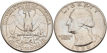 США 25 ЦЕНТОВ = КВОТЕР 1979 P, ВАШИНГТОН KM А164a медь плакированная медно-никелем 190-332