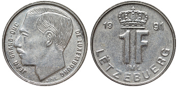 Люксембург 1 франк 1991 малый формат KM 63 сталь плакированная никелем 4532-644