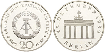 ГДР 20 марок 1990 A, Бранденбургские Ворота в Берлине KM 139a серебро PROOF 11-162-41