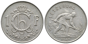 ЛЮКСЕМБУРГ 1 ФРАНК 1953 СТАЛЕВАР KM 46.2 медно-никель 53-1146