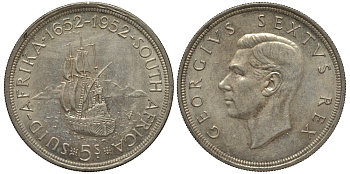 ЮАР 5 шиллингов 1952 Георг VI (1937-1952), 300 лет основания Кейптауна, парусник KM 41 серебро 650-341
