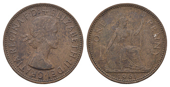 Великобритания 1 пенни 1961 Елизавета II (1952-2022) KM 897, Spink 4157 бронза 4661-841