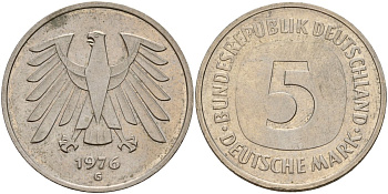ФРГ 5 марок 1976 G KM 140.1, J. 415 медно-никель 4157-236