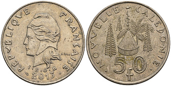 Французская Новая Каледония 50 франков 2013 хижина среди сосен и пальм, (IEOM) KM 13a, Schoen 15a, Lec 128i медно-никель 4111-1033