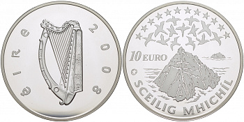 Ирландия 10 евро 2008 Европейское культурное наследие, монастырь на острове Скеллиг-Майкл KM 54 серебро PROOF 04-101-34